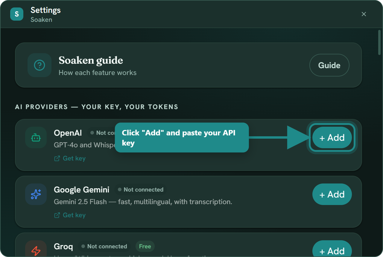 Lista de provedores de IA nas Configurações, com o botão Adicionar