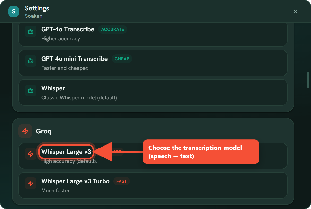 Aba Transcrição das Configurações com a lista de modelos