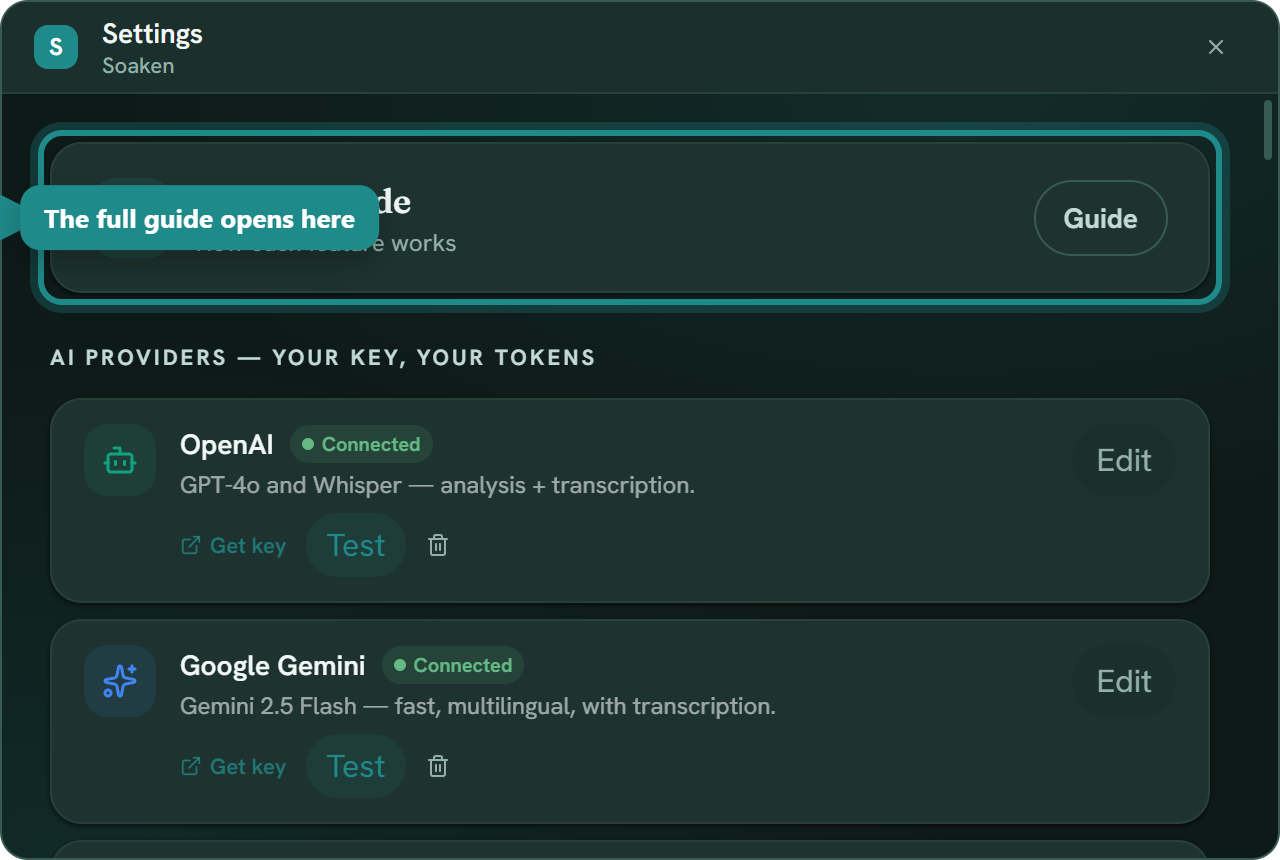 Botão Guia no topo da tela de Configurações